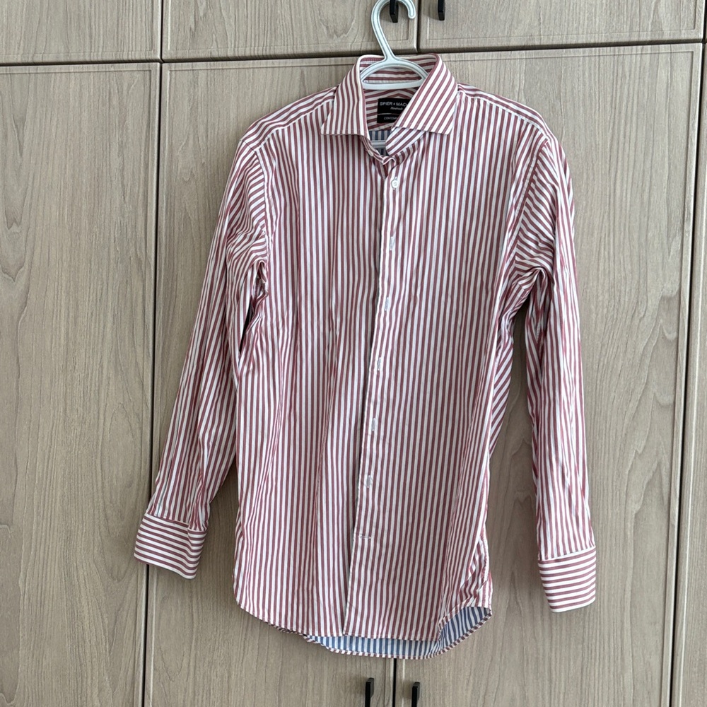 Men's Red & White Striped Dress Shirt - Slim Fit